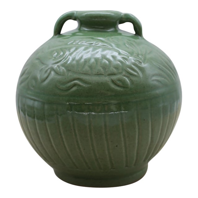 1900s Antique Ceramic Vase With Green Glaze and Chinoiserie Fish Details For Sale