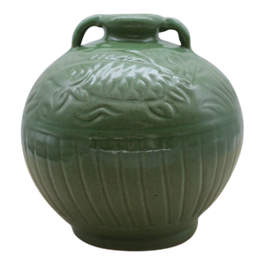 1900s Antique Ceramic Vase With Green Glaze and Chinoiserie Fish Details