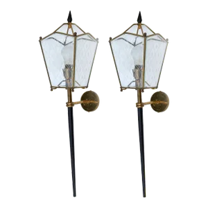Jacques Adnet Style Largest Size Sconces Lantern Wall Lamps France 1960 - Pair