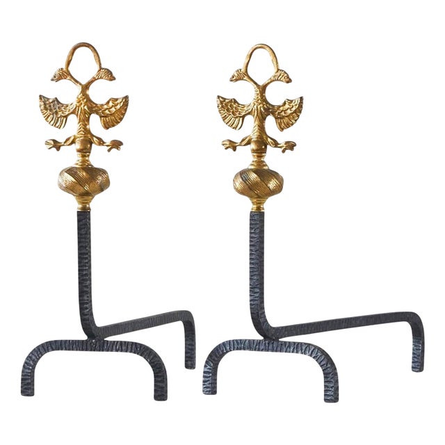 Large 19th Century Andirons in Brass with Birds, 1920s, Set of 2 For Sale