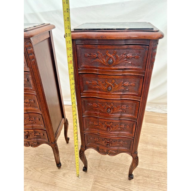 Antique Pair of French Nightstands Bedside Tables Five Hand Carved Drawers For Sale - Image 10 of 13