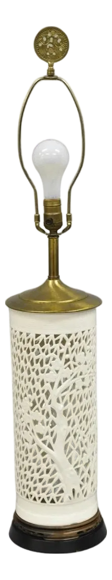 Vintage Chinoiserie White Porcelain Fretwork Cherry Blossom Tree Table Lamp