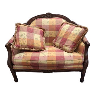 Carved Wood French Country Plaid Loveseat For Sale
