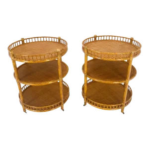 Maguire Round Reed & Cane Three Tier Gallery Top Serving Tables Stands - A Pair