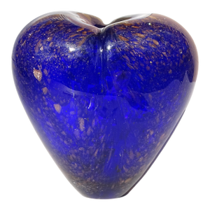 Heart Shape Flower Vase Studio Art Glass Sapphire Blue With Glittery Copper Aventurine Flecks