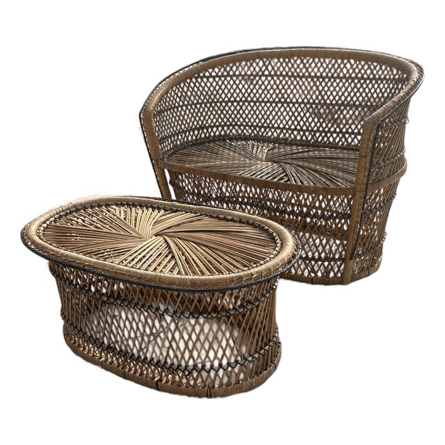 Vintage Child-Size Rattan Loveseat & Oval Coffee Table, Boho Coastal MCM For Sale