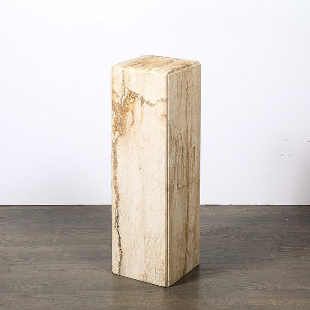 1970s Mid-Century Modernist Rectilinear Travertine Pedestal With Stepped Detailing For Sale - Image 5 of 18