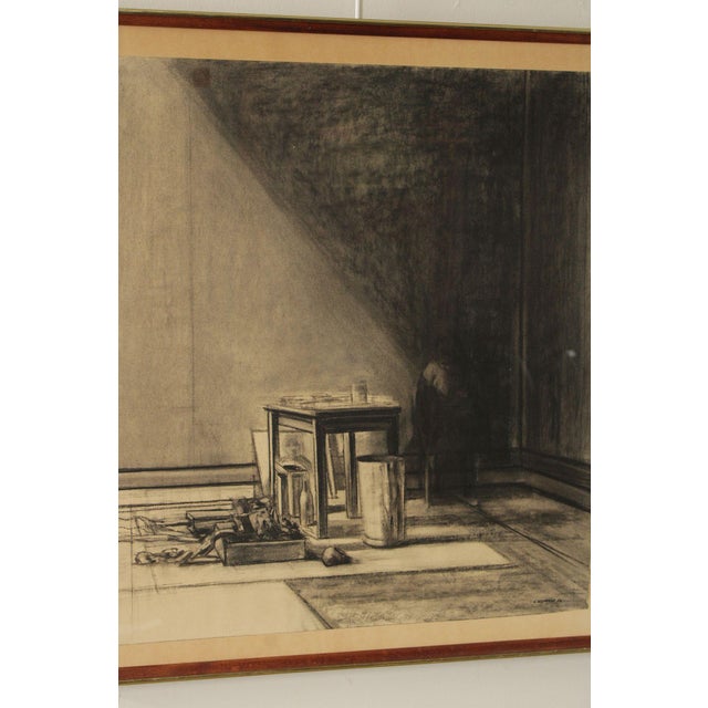 Brown Sidney Goodman Charcoal Drawing, 'Interior with Figure' For Sale - Image 8 of 18