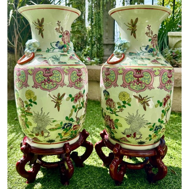 Pair of Antique 19th Century Rare Chinese Porcelain Vases Hand Painted Roosters, Florals & Insects For Sale - Image 4 of 18