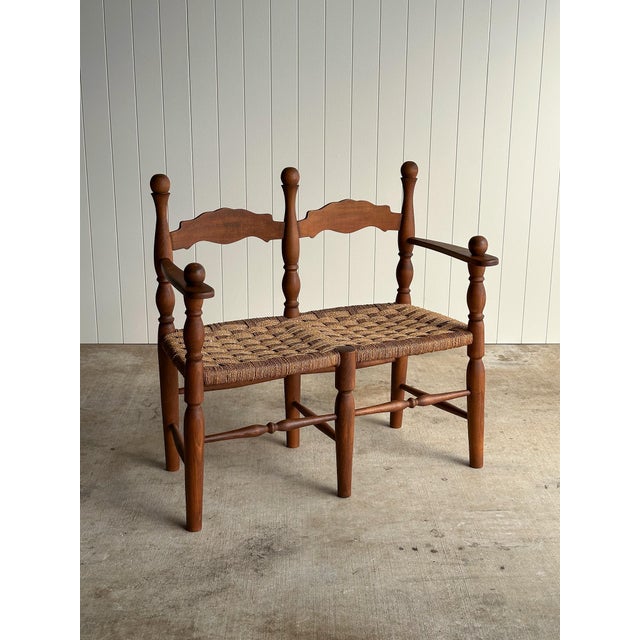 Charles Dudouyt Vintage Sculptural Turned Wood Double Bench With Woven Rope Seat, C. 1950s For Sale - Image 4 of 14