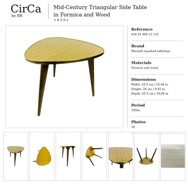 Vintage Triangular Werzalit Side Table with Tapered Wood Legs, 1950s For Sale - Image 10 of 11