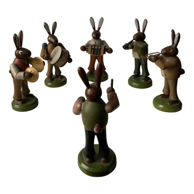 Folk Art German Wooden Rabbit Figures Playing Music, Set of 6 For Sale