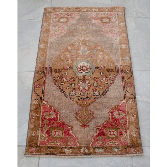 Vintage Turkish Small Rug Faded Pink Brown Hand Knotted Door Mat 20"x37" For Sale - Image 12 of 13