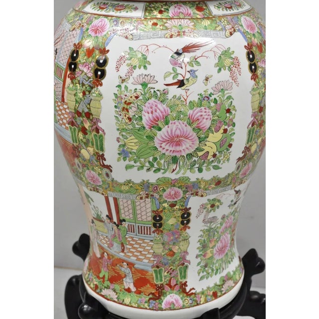 Vintage Chinese Famille Rose Porcelain Urn Lidded Temple Jar Vase on Base For Sale - Image 9 of 12