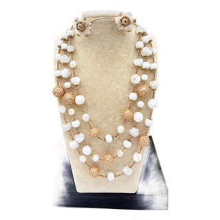 Vendôme 1950s–60s Glass Bead Necklace & Earrings | White Ab & Filigree Set, 3 Pieces For Sale