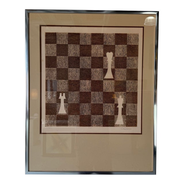 Vintage Modernist “Chess” Signed & Numbered Limited Edition Print in Chrome Aluminum Frame For Sale