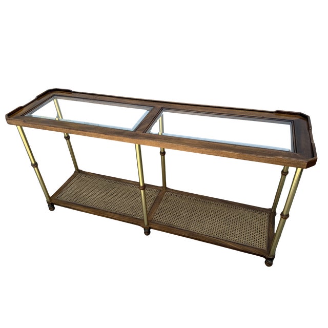 Brown Vintage Hollywood Regency Faux Bamboo Brass Console Table With Cane Shelf & Double Glass Top | Chinoiserie Campaign Entry Table For Sale - Image 8 of 12