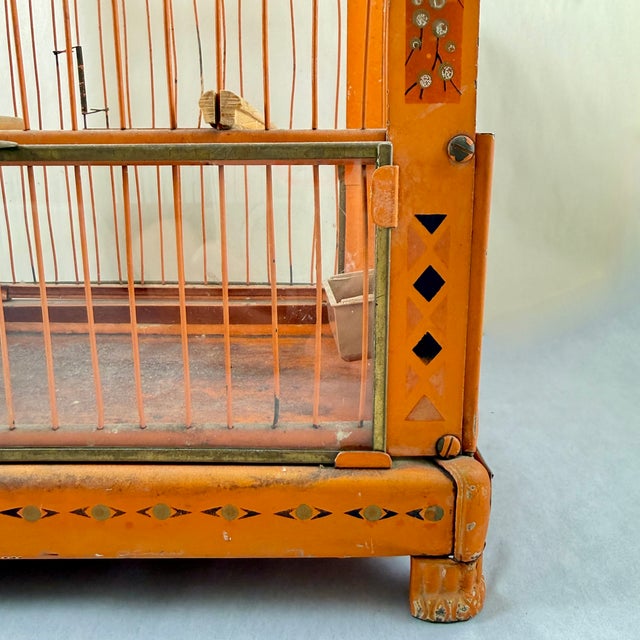 Orange Japanned Metal Bird Cage, Hand-Painted, Circa 1900-1920 For Sale - Image 9 of 18