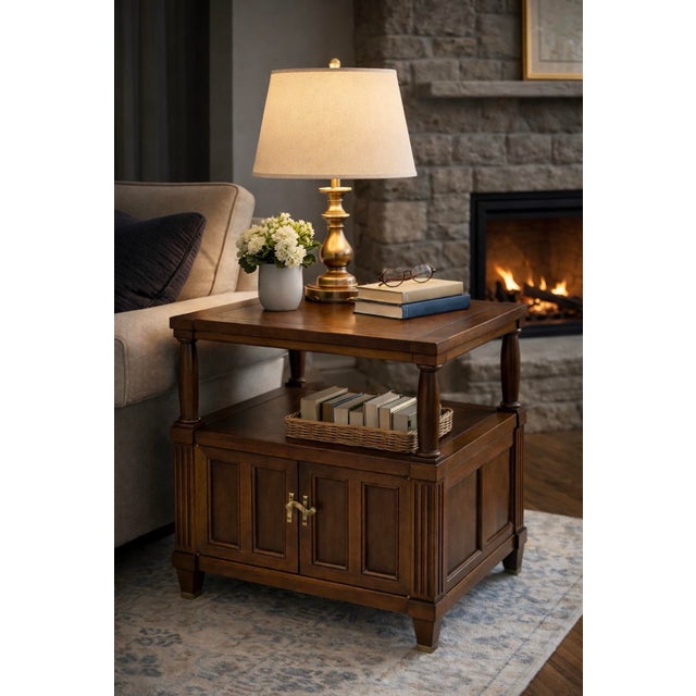 Vintage mid-century traditional wood side table with cabinet storage and brass hardware. Solid wood top finished with a...