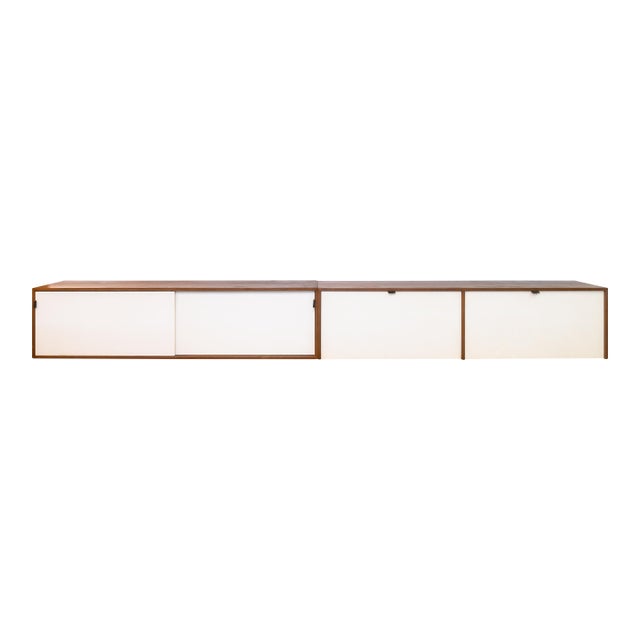 Pair of Vintage 1960s Florence Knoll Floating Credenzas Walnut & White Laminate For Sale