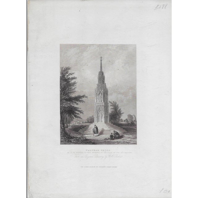 19th century engraving of Waltham Cross in Hertfordshire near central London as it appeared in the 13th century; after a...