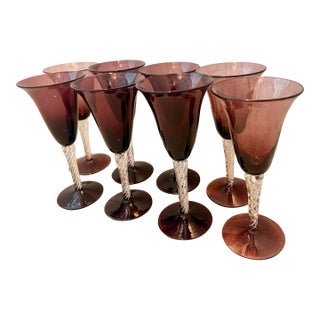 Rare Vintage Mid-Century Bill Blenko Designed Art Glass Air Twist Amethyst Water Goblets/Wine Glasses- Set of 8 For Sale