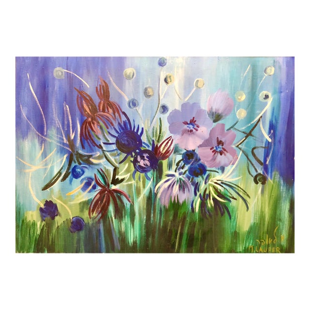 Milia LauferIsraeli Large Vibrant Surrealist Flowers Oil Painting, c.1950s For Sale