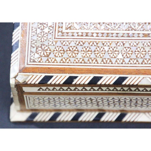 Exquisite handcrafted Middle Eastern mosaic marquetry inlaid walnut wood box. Large box intricately decorated with Moorish...