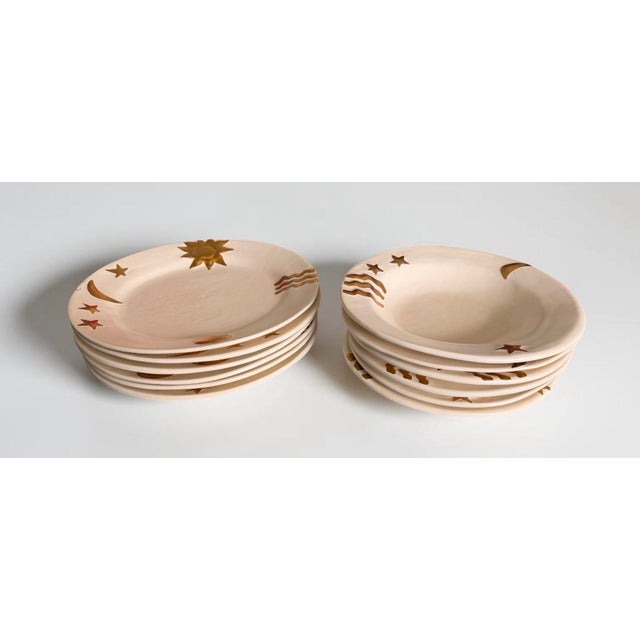 Julie Sanders Cyclamen Pottery Celestial Gold Moon Stars set of 6 Bowls & Plates (12 pieces) Stunning handmade pottery by...