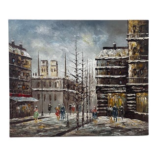 1970s Vintage Paris Street Scene Oil Painting For Sale