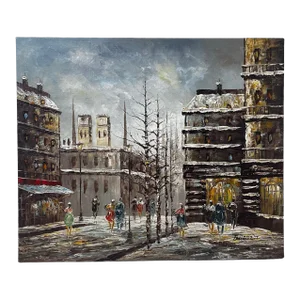 1970s Vintage Paris Street Scene Oil Painting