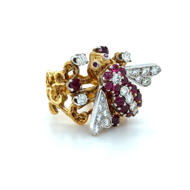 Modern Vintage Herbert Rosenthal, Ruby and Diamond Bee Ring, 18k Yellow and White Gold, , Size 5.75 For Sale - Image 3 of 10