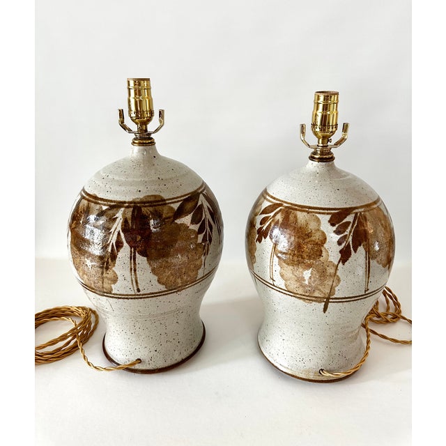 Mid-Century Modern 1970s Hand Thrown Stoneware Lamps With Floral Motif - a Pairf For Sale - Image 3 of 15