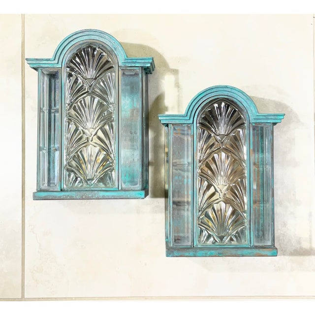 Stunning Pair of Vintage Art Deco Brass Verdigris Wall Sconces / Lanterns For Sale - Image 11 of 14
