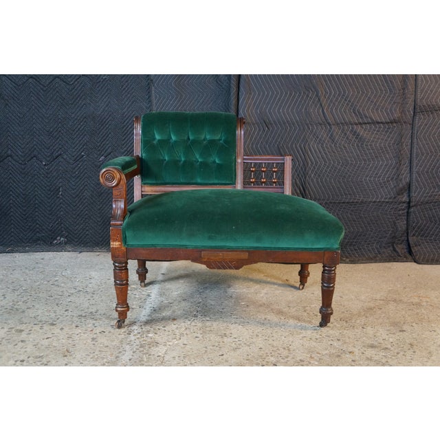 Antique Victorian Eastlake Walnut Ball & Stick Settee Loveseat Corner Chair 34" For Sale - Image 4 of 18