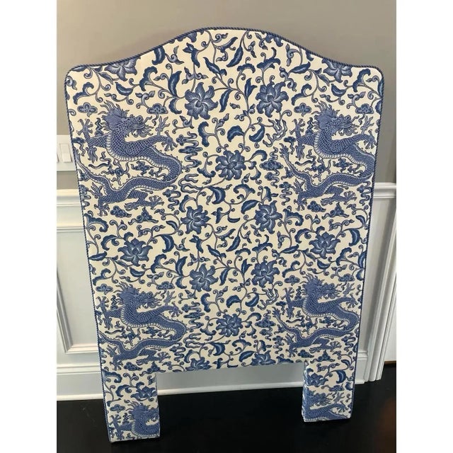 Blue & White Custom Chinoiserie Upholstered Twin Headboard For Sale - Image 4 of 6