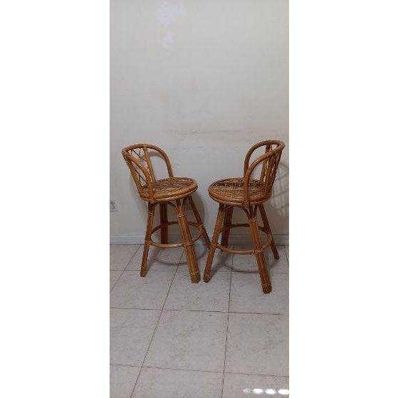 1980s 1980s Bamboo Wicker Rattan Swivel Barstool Beige Set of 2 For Sale - Image 5 of 6