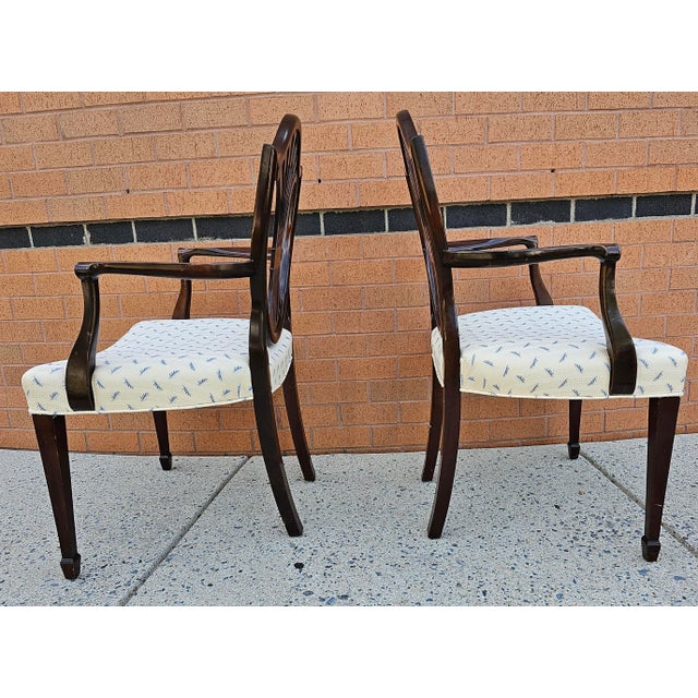 Brown Pair of George III Style Mahogany Shield-Back and Upholstered Arm Chairs For Sale - Image 8 of 11
