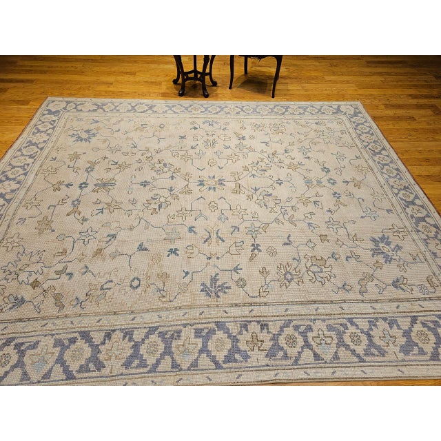 Textile Vintage Turkish Oushak Room Size Rug, Hand-Knotted Wool, Ivory, Blue, 8' x 10' For Sale - Image 7 of 16