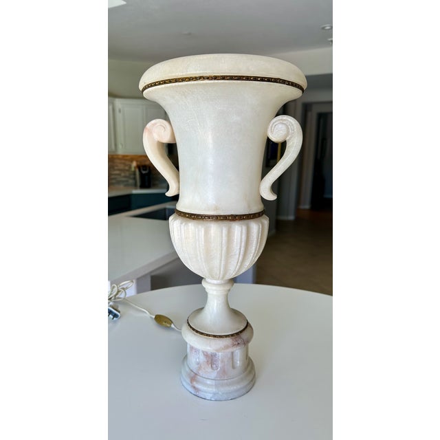 White Single Italian Tall Alabaster and Brass Urn Handles Table Lamp For Sale - Image 8 of 18