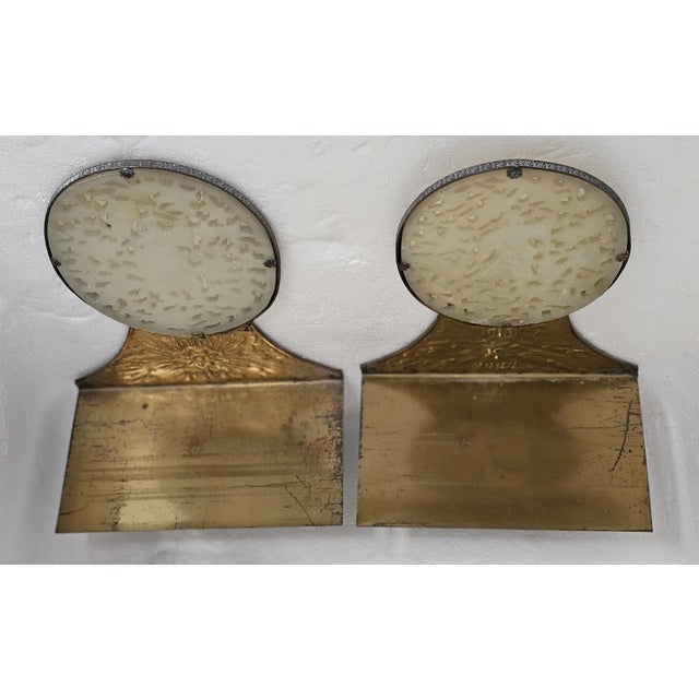 Antique Chinese Carved Jade Bookends With Brass Floral Bases — Scholar Motif Pair For Sale - Image 14 of 14