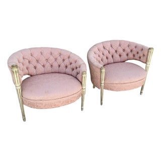 Vintage French-Style Tufted Pink Barrel Accent Chairs - A Pair For Sale