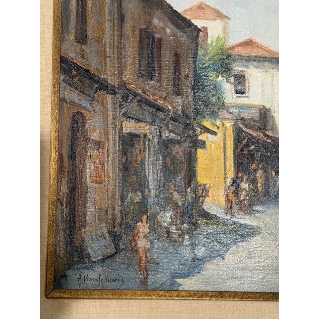 Sky Blue 1960s Antonis L. Karafyllakis - Mediterranean Street Scene, Oil on Canvas For Sale - Image 8 of 10