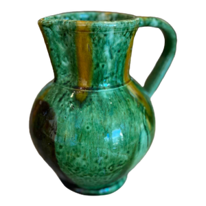 Vintage Drip-Glaze Green and Ochre Pottery Pitcher