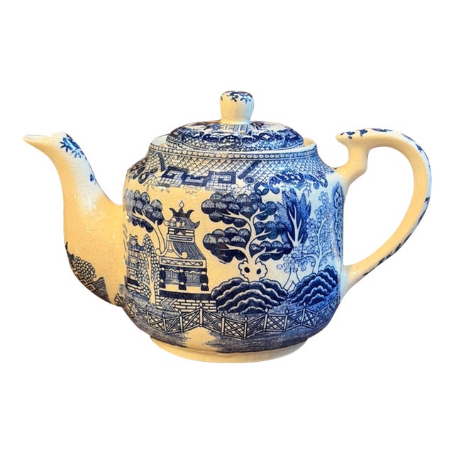 Vintage Japanese Blue Willow Blue & White Transferware Teapot With Lid For Sale