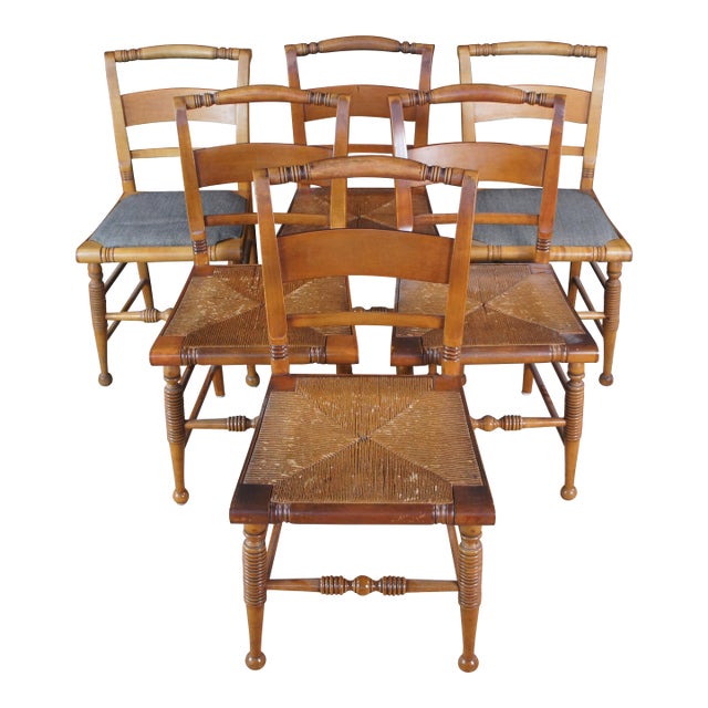 Early 20th Century 6 Rike-Kumler Early American Maple Rush Seat Country Farmhouse Dining Chairs For Sale