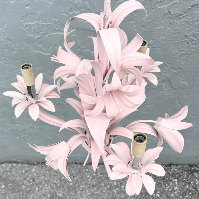 Vintage Italian Pink Tole Chandelier/Pendant Lamp For Sale - Image 4 of 8