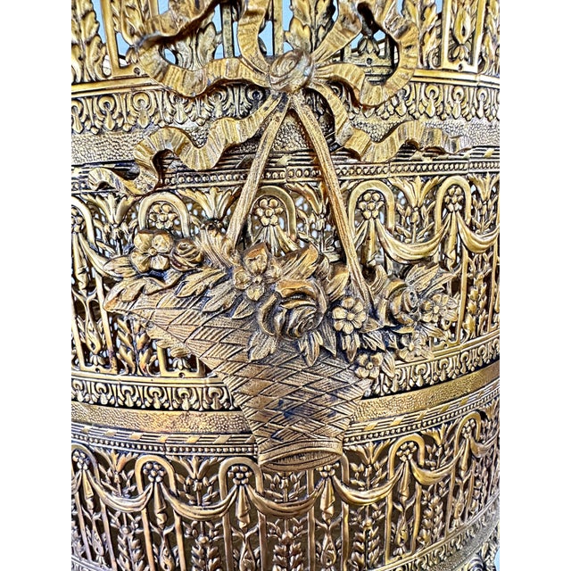 Metal Vintage Hollywood Regency Gold Ormolu Filigree Pierced Waste Basket With Claw Feet For Sale - Image 7 of 9