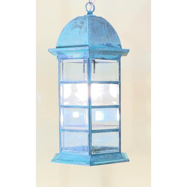 American Vintage Solid Brass Hexagonal Hanging Lantern – Verdigris Patina 20”h X 11”w For Sale - Image 3 of 18