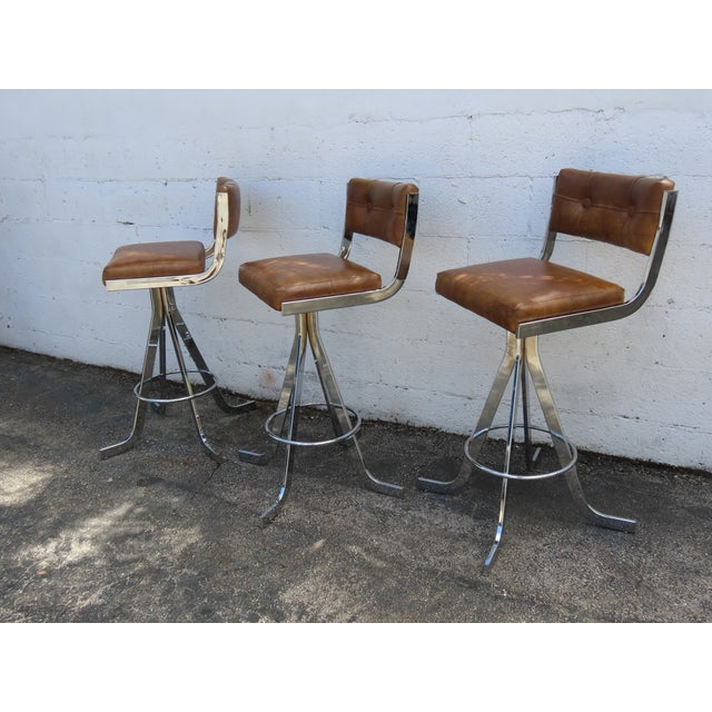 Retro Mid Century Modern Swivel Vinyl and Chrome Barstools a Set of Three 6373 For Sale In Miami - Image 6 of 17